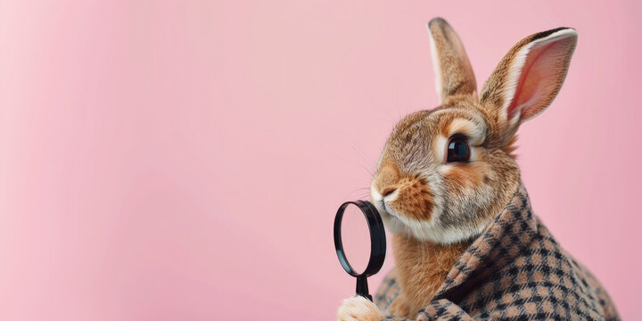 Easter Bunny with a Magnifying Glass on a Pink Background with Space for Copy