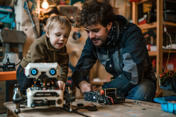 Father and Son Engaging in Robotics Hobby at Home