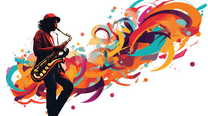 A musician playing a vibrant saxophone with musical