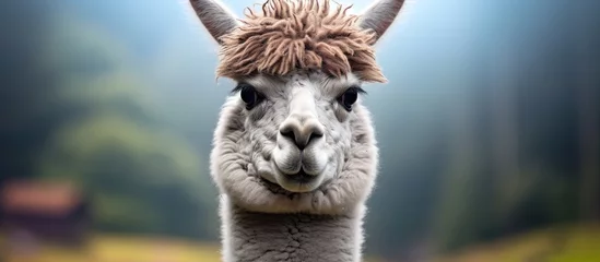 Poster A llama, a terrestrial animal closely related to the alpaca, with a fluffy coat and distinct jaw structure, is staring into the camera in a grassy grassland landscape under a clear sky © TheWaterMeloonProjec