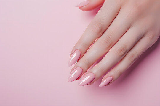 female hand with pink french nails on a pink background