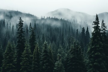 Moody Landscape Photography of Foggy Mountains and Evergreen Forest with Tall Pine Trees in Foreground Setting a Serene Natural Scene for Outdoor Enthusiasts and Travelers - obrazy, fototapety, plakaty