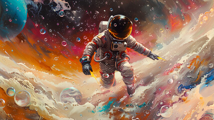Beautiful painting of an astronaut in in a colorful bubbles galaxy, Generative Ai