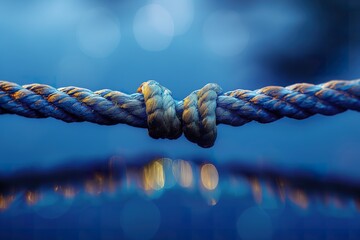 Detailed view of a rope with a blurred blue background. - obrazy, fototapety, plakaty