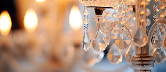 Detail design and interior lighting - white metal lamp shaped like candlesticks and candles. Crystal chandelier elements captured in close-up with soft focus and lovely bokeh.