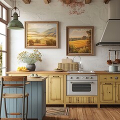 colourful country kitchen with wooden photo landscape blank frame on wall