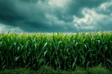 Large field of corn crops under a cloudy sky, casting shadows on the dark green leaves.