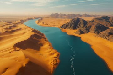Aerial view of a river meandering through a dry desert landscape. - obrazy, fototapety, plakaty
