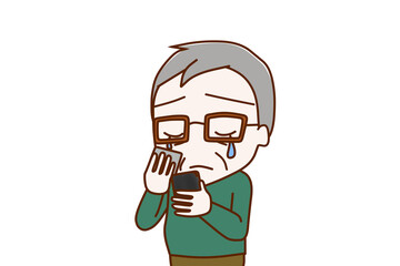 （上半身斜め）スマホを持って画面を見ながら悲しくて涙を流す高齢の男性