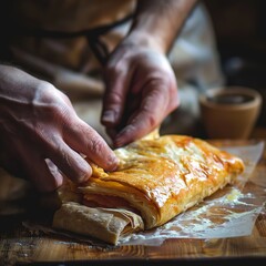 cook wrapping a puff pastry in a salmon to prepare a dish, soft light, morning light - obrazy, fototapety, plakaty