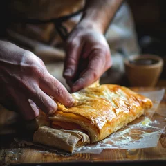Tuinposter cook wrapping a puff pastry in a salmon to prepare a dish, soft light, morning light © SazzadurRahaman
