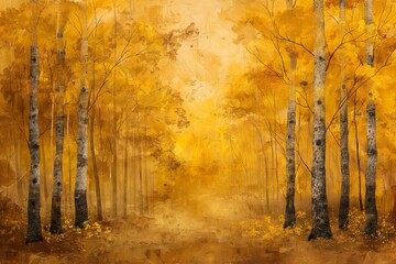 A painting of a yellow forest with vibrant trees in a stylized art style.