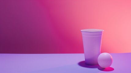A single plastic purple cup with a ping pong ball on a pink and purple dual tone background