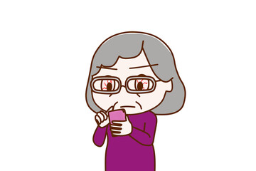 （上半身斜め）スマホの画面を見ながら血眼になって真剣に調べる高齢の女性