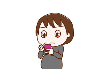 （上半身斜め）スマホの画面を見ながら血眼になって真剣に調べる妊婦