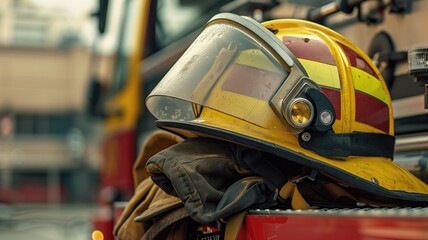 Close-up of a firefighter's yellow helmet with visor and headlamp, placed on gloves