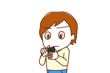 （上半身斜め）スマホの画面を見ながら血眼になって真剣に調べる白人男性