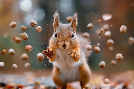 A squirrel is munching on nuts from a tree, with clusters of nuts falling down around it.