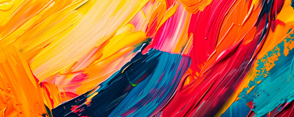 Close-up view reveals a kaleidoscope in a painting, where bold and bright colors leap off the canvas, offering a feast for the eyes. Banner. Copy space.