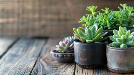 Various succulent plants in rustic pots gathered on a wooden surface