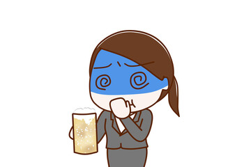 （上半身斜め）ビールの臭いをかいで気持ち悪く真っ青になるスーツ姿の女性