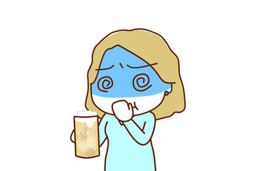 （上半身斜め）ビールの臭いをかいで気持ち悪く真っ青になる白人女性