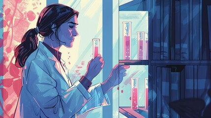 a woman in a lab coat looking at a test tube