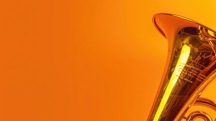Close-up of a shiny tuba emerging from a vibrant orange background, reflecting light