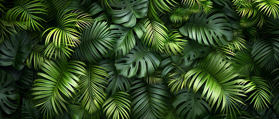 This captivating image features a top-down view of lush green palm leaves, creating a dense and vibrant pattern. Each leaf is intricately detailed, showcasing the natural texture and lines that run th