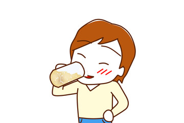 （上半身斜め）ビールをグビグビ美味しく飲んで酔っ払う白人男性