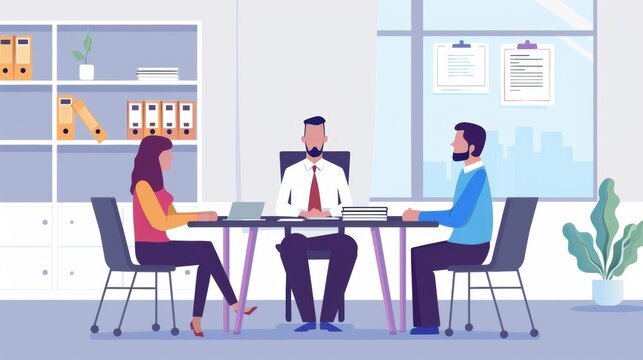 In a conference room a mediator sits at the head of the table while two parents sit on either side discussing potential visitation schedules. A stack of documents sits in