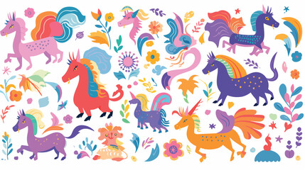 Fototapeta na wymiar A pattern of mythical creatures like unicorns dragon