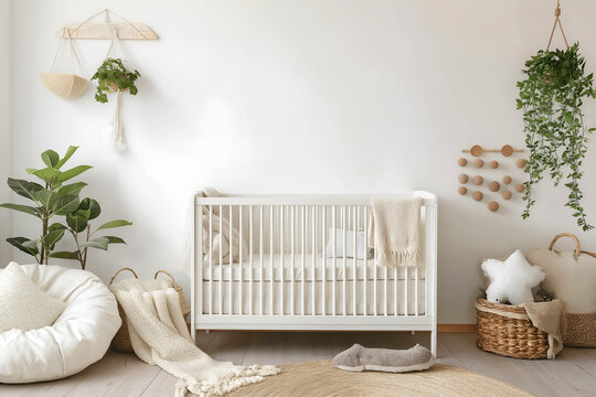 Interior Nursery Room With Baby Cot Bed, Empty Wall Mockup In White Room With White Cot And Green Plants, 3d Render Real Room Template