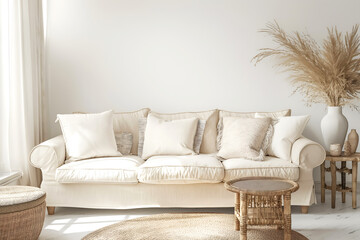 Interior Living Room, Empty Wall Mockup In White Room With Beige Sofa And Decorations, 3d Render Real Room Template