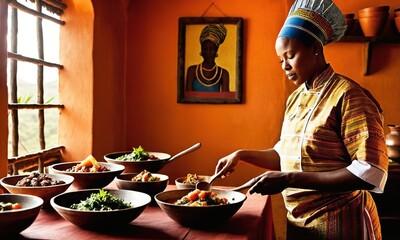 African chef cooking traditional dishes in a vibrant kitchen setting. Africa day event.