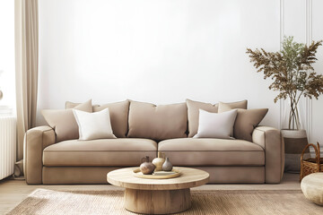 Interior Living Room, Empty Wall Mockup In White Room With Brown Sofa And Coffee Table, 3d Render Real Room Template