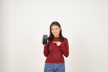 Young Asian woman in Red t-shirt Showing and pointing smartphone blank screen isolated on white background