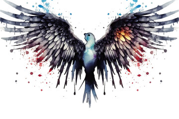 white colors paint various illustration style made part bird ink angel wings drips splatters background grunge isolated watercolor - obrazy, fototapety, plakaty