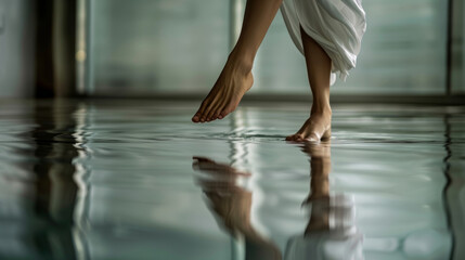 A closeup of a dancers foot gracefully gliding across a smooth reflective surface body twisted in...