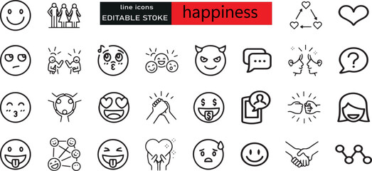 Ensemble d'icônes Joyeuses lignes. Inclut les icônes comme amusant, plaisir, fête, bonne humeur, fête, succès et plus encore.
