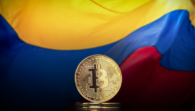 Bitcoin BTC representation coin with the national flag of Colombia in background.