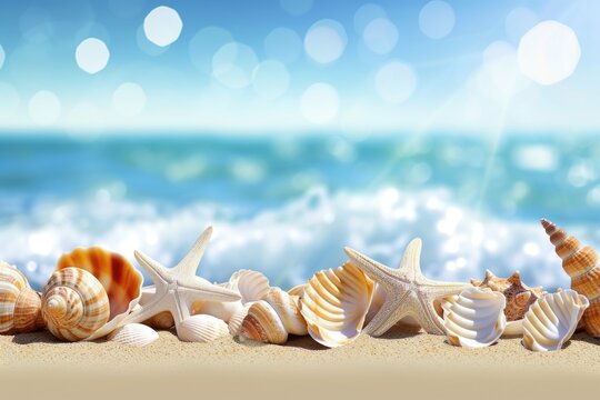 Seashells and starfishs on a sandy beach