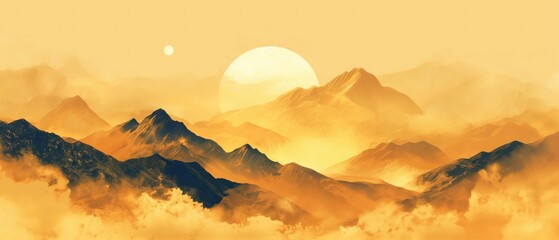 Mountain range illustration in gold colors, abstract art landscape mountain, luxury style for wallpaper, wall art decoration, advertisement premium hi-end