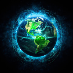 harnessing Earth's vast energy potential, black background, positive, green and blue vibes created with Generative Ai