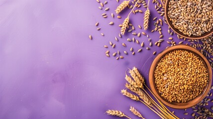 Assortment of grains and wheat on a vibrant purple background