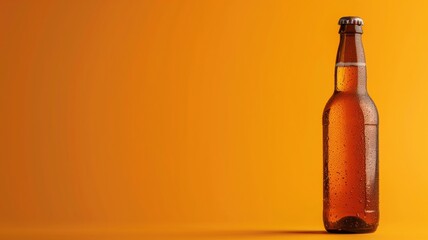 Single beer bottle with condensation against a vibrant orange background - obrazy, fototapety, plakaty