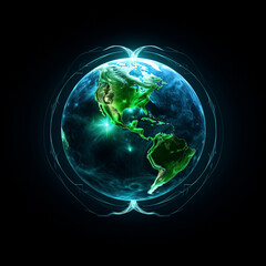 harnessing Earth's vast energy potential, black background, positive, green and blue vibes created with Generative Ai