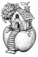 A drawing of an apple with a house on it