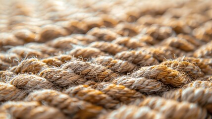 A macro shot highlighting the intricate weave and fibrous details of beige rope fabric