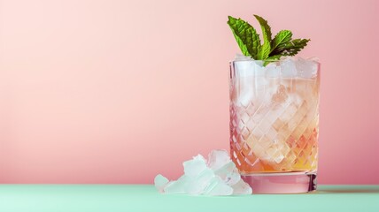 A refreshing mint julep cocktail on ice against a pastel backdrop, a mix of elegance and cool - obrazy, fototapety, plakaty
